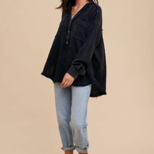 MINERAL WASHED GARMENT WASHED COTTON GAUZE PLACKET BLOUSE