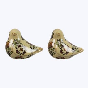 Stoneware Bird Salt & Pepper Set with Folk Art Floral Design